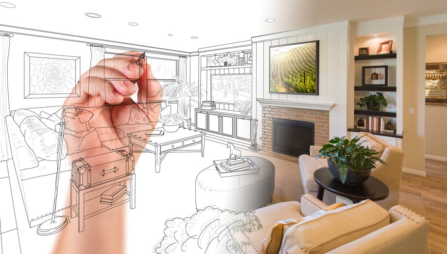 Hand Drawing Custom Livingroom Design With Gradation Revealing Photograph.
